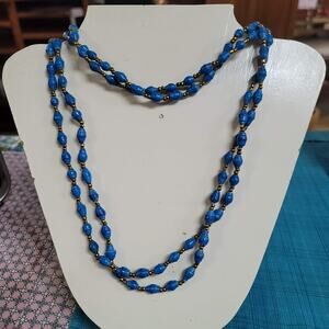 Vintage Costume Jewelry Magazine Handmade Rolled Paper Beads Necklace Blue Clasp